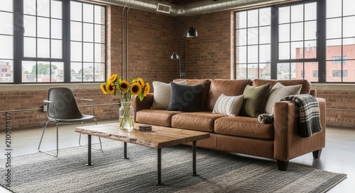 Rustic Industrial Loft Living Space With Leather Sofa And Sunflowers