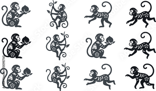 Canvas Print Decorative Monkey Collection Vector Illustration Set with Vintage Floral Pattern