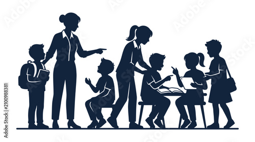 Silhouette illustration of teachers helping students in a classroom environment.