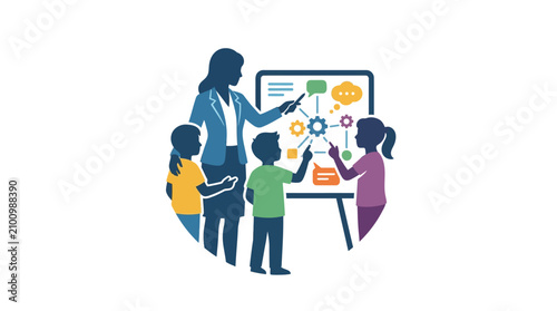 A teacher instructing students in a classroom with a diagram.