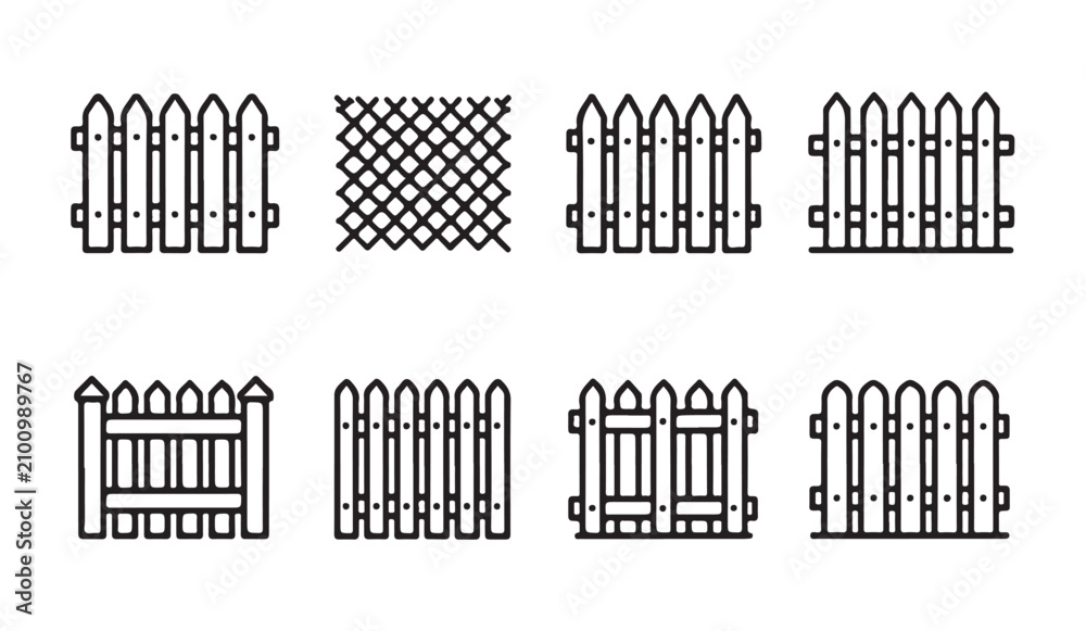 Obraz premium Set of black line fence icons, various wooden and mesh fences in simple outline design.