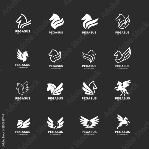 Pegasus logo design collection, modern vector icons featuring mythical winged horses for branding and identity.