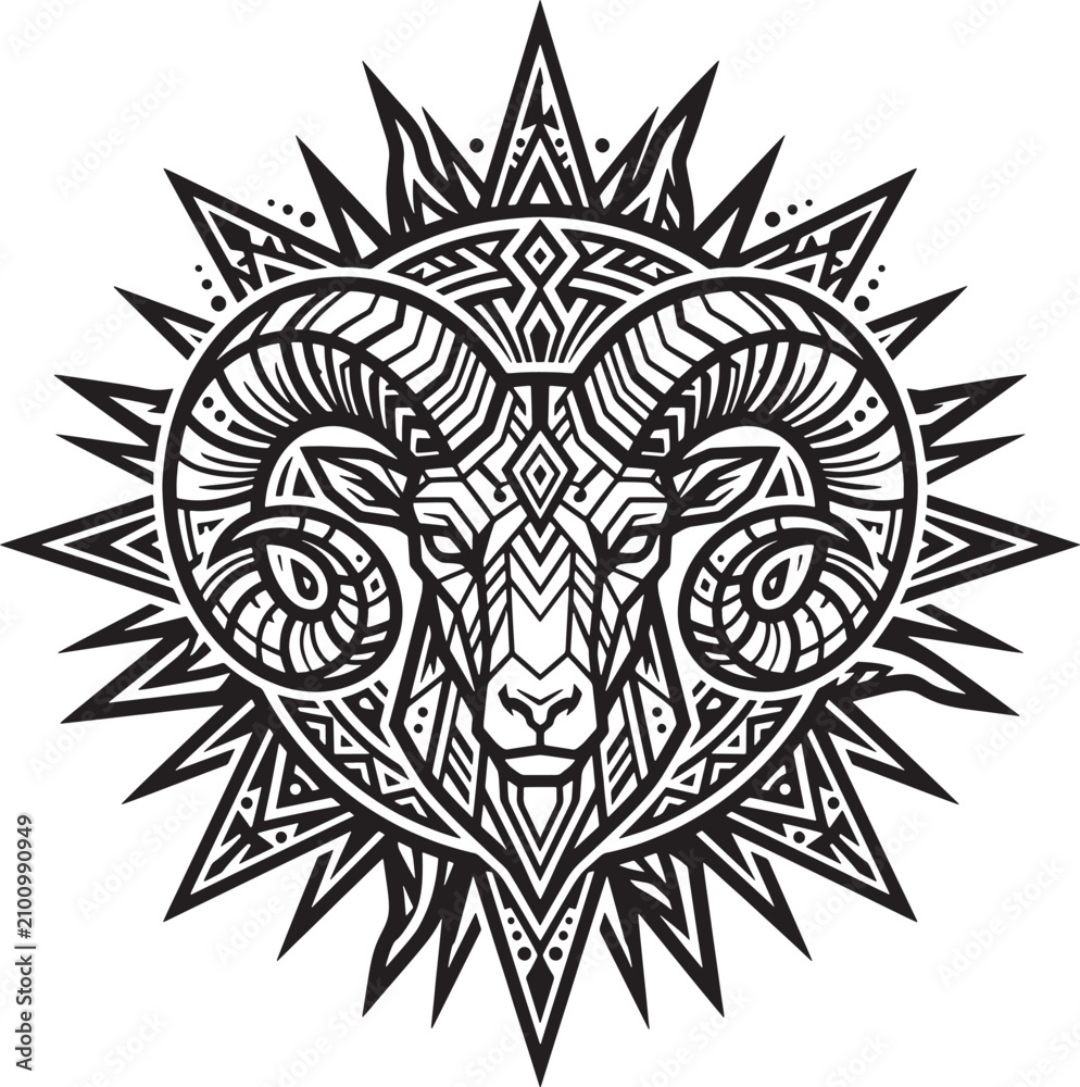 Fototapeta premium Detailed black and white ram head inside a circular geometric frame with sharp radiating spikes, isolated on a white background