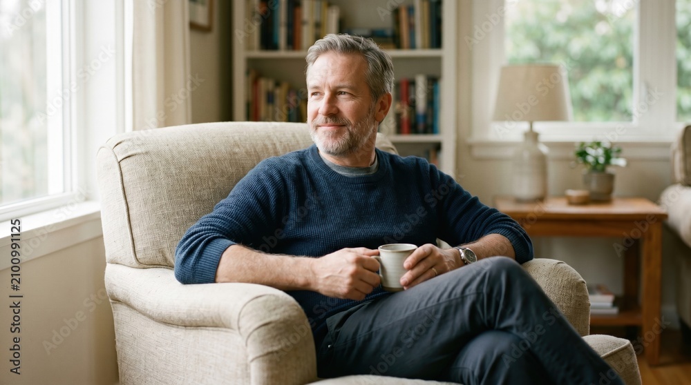 Fototapeta premium Middle aged man relaxing in an armchair with a warm cup of coffee