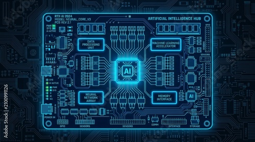 Close-up of a detailed circuit board layout. Electronic components and microchips for technology development and innovation.