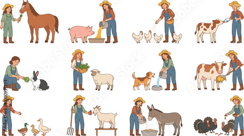 Fotografía Farm Animal and Farmer Collection Vector Illustration Set with Livestock Care, R