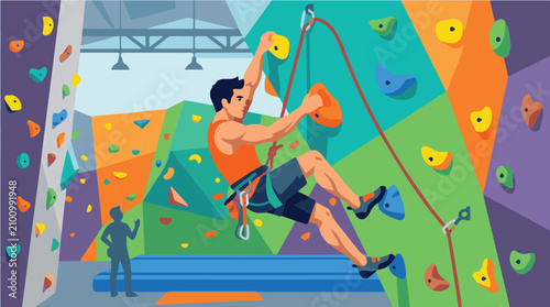 Foto Vector art of a determined man practicing indoor wall climbing, featuring athletic strength, balance, endurance, safety gear, and an active sports lifestyle