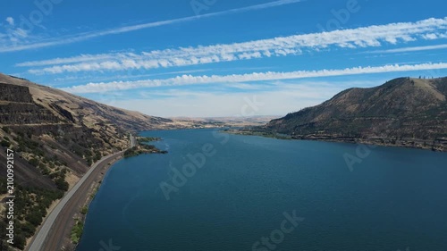 High flight over dry hills along the Columbia River Gorge near Lyle Washington