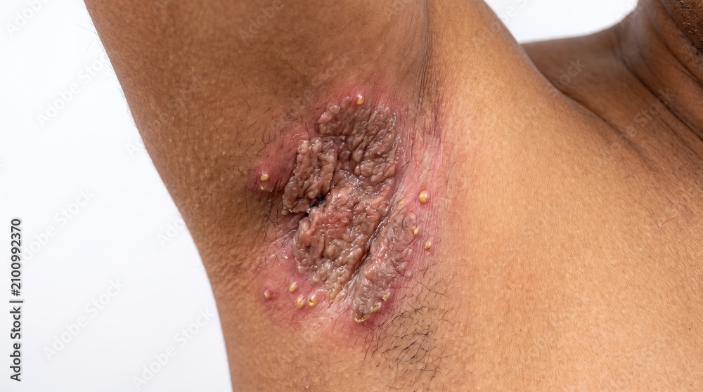 Fototapeta premium Severe verrucous plaques and suppurative pustules breakout in an axilla from hidradenitis suppurativa