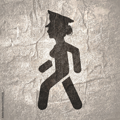 Policewoman side view icon. A minimalist black silhouette icon representing a female figure in a walking motion.