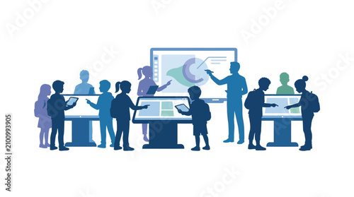 Group of students interacting with interactive digital touch screen displays in classroom.