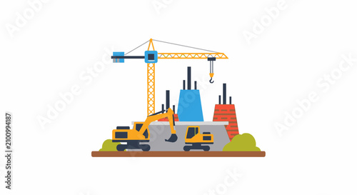 Busy construction site with yellow crane and excavator