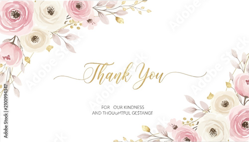 Watercolor thank you card with pink and yellow roses