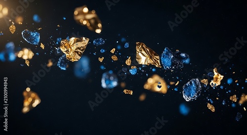 Floating gold and blue crystals on black background. Abstract luxury particles in motion.