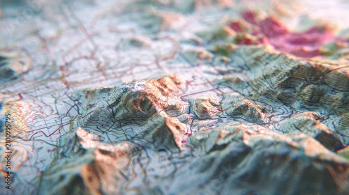 High angle 3D topographic map of mountain range peaks and valleys.