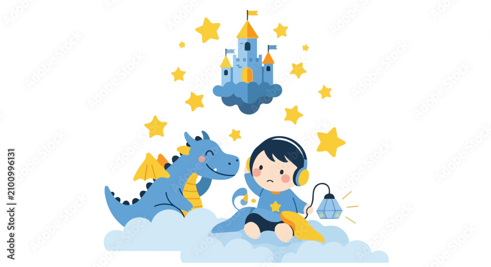 Naklejka premium A whimsical illustration shows a young boy with headphones and a blue dragon on a cloud, below a floating castle amidst glowing stars.