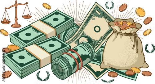 Quadro su tela Money and Wealth Illustration Collection with Cash Bundles, Dollar Bills, Coins,