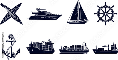 Obraz na płótnie Collection of nautical and maritime themed silhouette vector icons with nautical