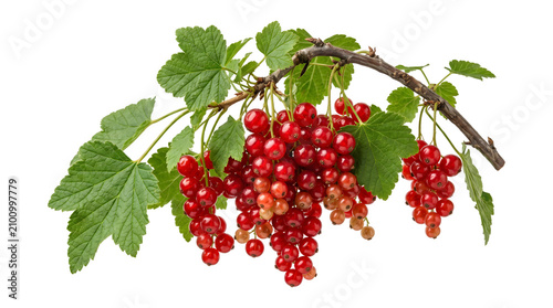 Foto Ripe red currant clusters hanging abundantly from a wooden branch with leaves as