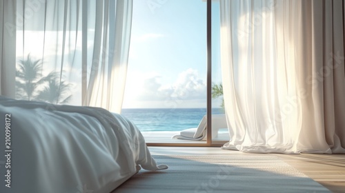 Luxury bedroom with curtains that move with the breeze and ocean views, soft natural light, generative ai