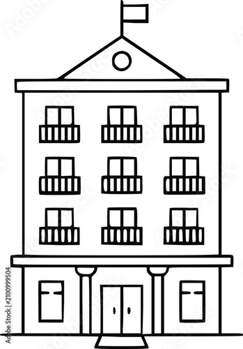 Fotografie Simple line drawing of a multistory building with balconies and flag