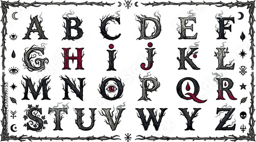 Fotografie Creepy horror alphabet vector collection featuring haunted gothic letters, thorn