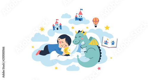 Photos A young boy sleeps peacefully on a cloud beside a friendly teal dragon in a whimsical dreamscape with floating castles and golden stars