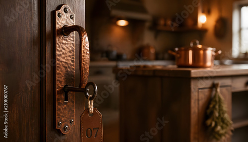Copper Door Handle with Key in Rustic Kitchen Interior