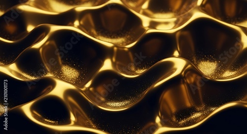 Abstract liquid gold waves on black background. Shiny metallic texture with fluid motion.