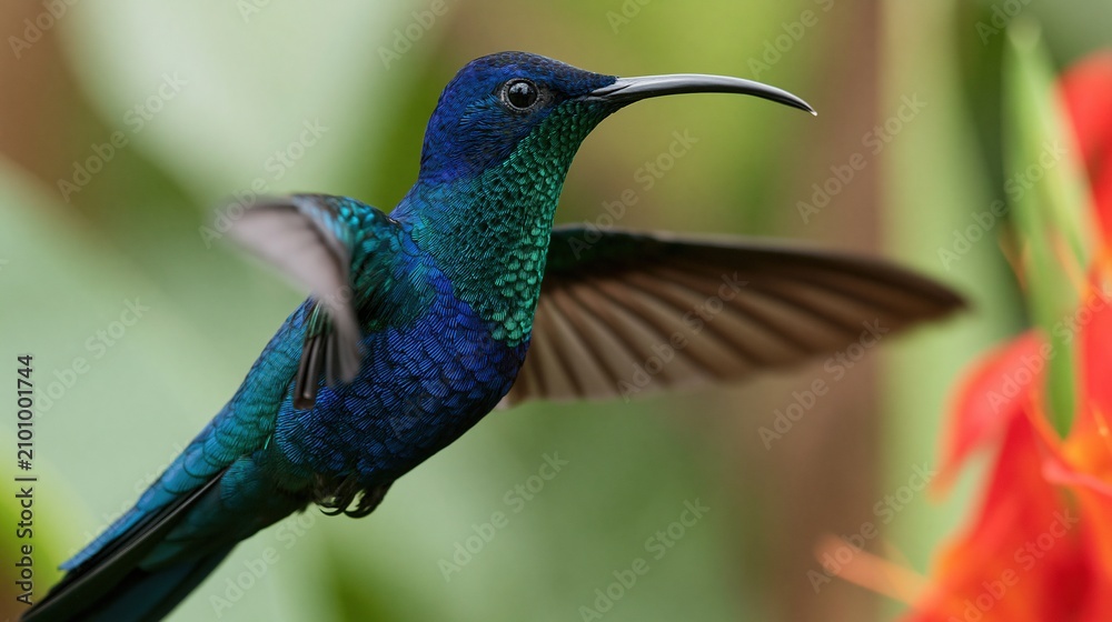 Fototapeta premium Close-up of a vibrant blue and green hummingbird with wings blurred in motion, hovering near a bright red flower