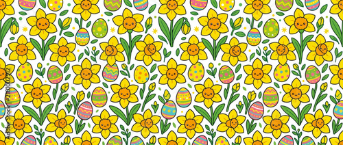 Canvastavla Cute Easter Daffodils and Painted Eggs Seamless Pattern