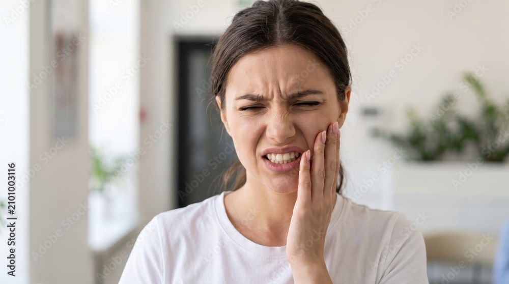 Fototapeta premium Young woman suffering from a severe toothache while holding her painful cheek at home.