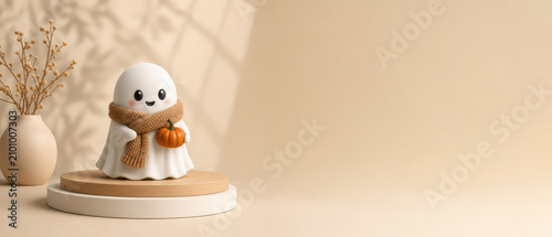 Charming halloween ghost decoration alongside a pumpkin in a warm autumn atmosphere perfect for seasonal mockup projects
