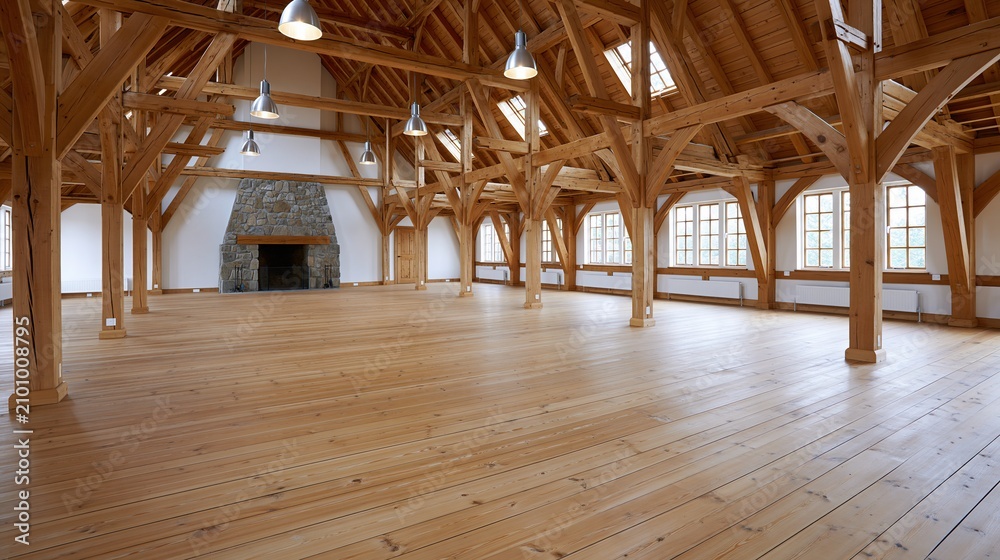 Obraz premium Spacious and Bright Timber Frame Hall with Stone Fireplace, Ideal for Events and Gatherings