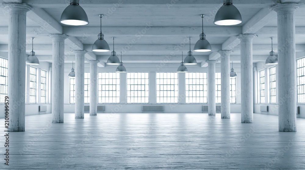 Obraz premium Spacious bright industrial loft interior with high ceilings and large windows creating an airy, open atmosphere