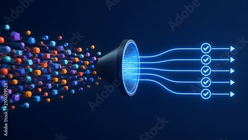 Fototapeta Big data processing and sorting algorithm funnel transforming raw information into organized validated digital checkmarks