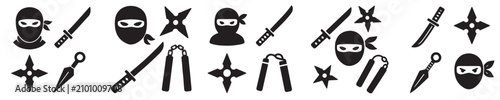 Bild auf Leinwand Black and White Ninja Icons Set with Weapons and Masks