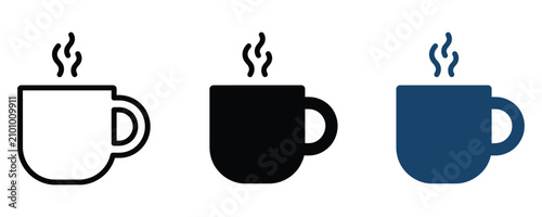 фотографія Coffee cup icons with steam in outline solid black blue styles beverage caffeine