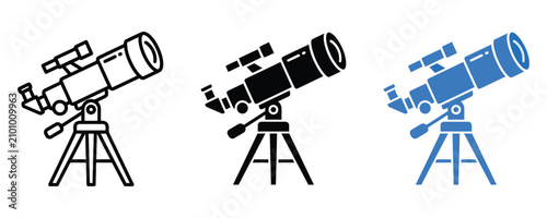 Εκτύπωση καμβά Telescope icons on tripod in outline solid black blue styles with telescope astr