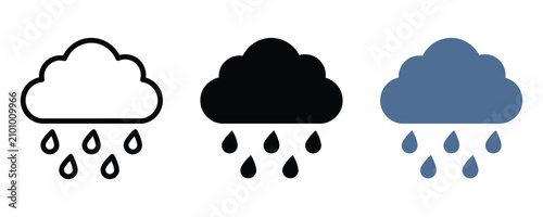 Tableau sur toile Rainy cloud icons with falling drops in outline solid black blue styles forecast