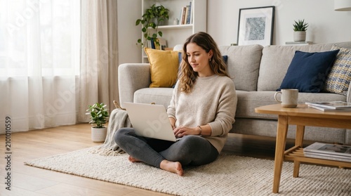 Young woman sitting on floor using laptop in cozy living room interior