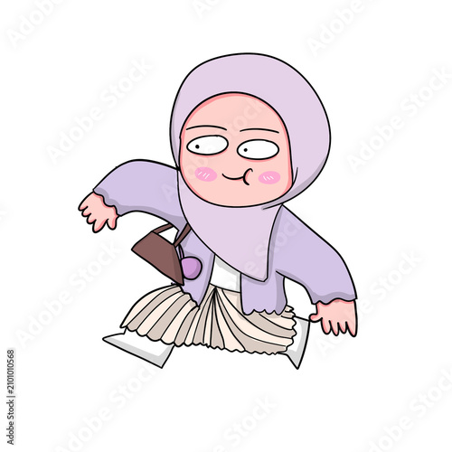 Muslim Girl in Purple Hijab Running Cartoon Character Illustration