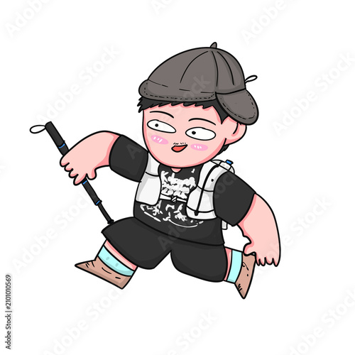 Boy Going Fishing With Backpack Running Cartoon Character Illustration
