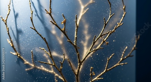 Golden tree branch on dark background. Decorative nature element with glowing particles.