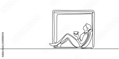 Photos Continuous One Line Drawing of Person Relaxing Beside Window With Tea Cup