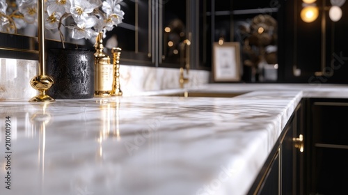 marble countertop with a gold faucet and luxury decorative elements, generative ai