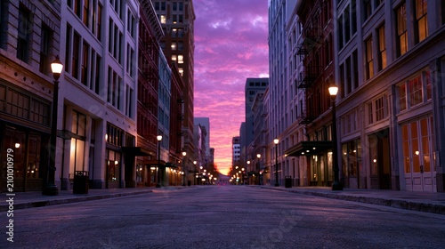 Empty street scene with lit lamps flanked by tall buildings against striking purple sunset sky