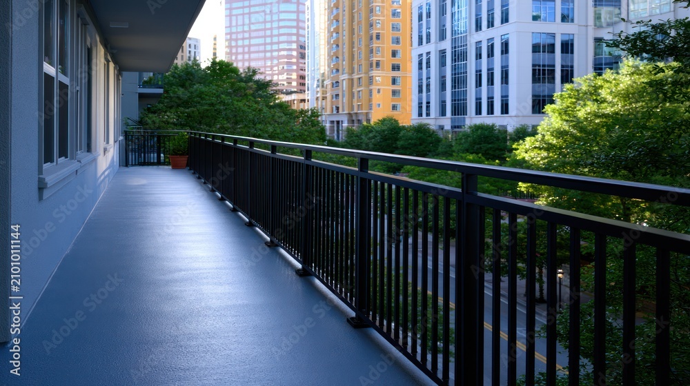 Obraz premium Balcony view of urban skyline with modern buildings and lush trees under a clear sky in evening light