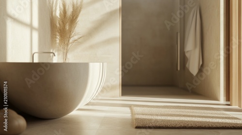 Minimalist bathroom with neutral tones, natural materials and soft daylight; relaxing aesthetic. generative ai