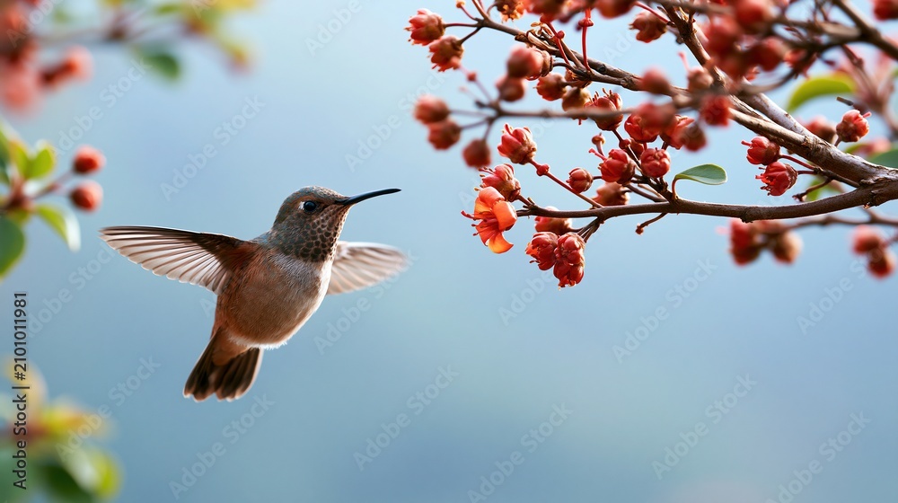 Fototapeta premium Tiny hummingbird hovering near vibrant red flowers in soft natural light with bokeh background